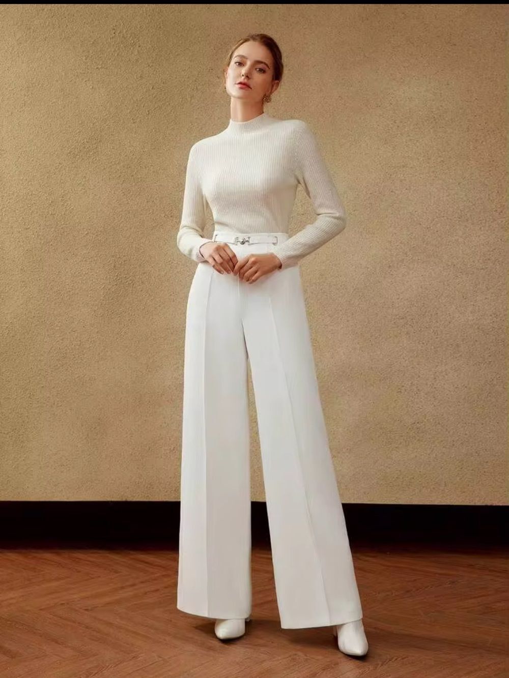 MOTF Premium Wide Leg Belt Details Suit Pants in White XS NWT